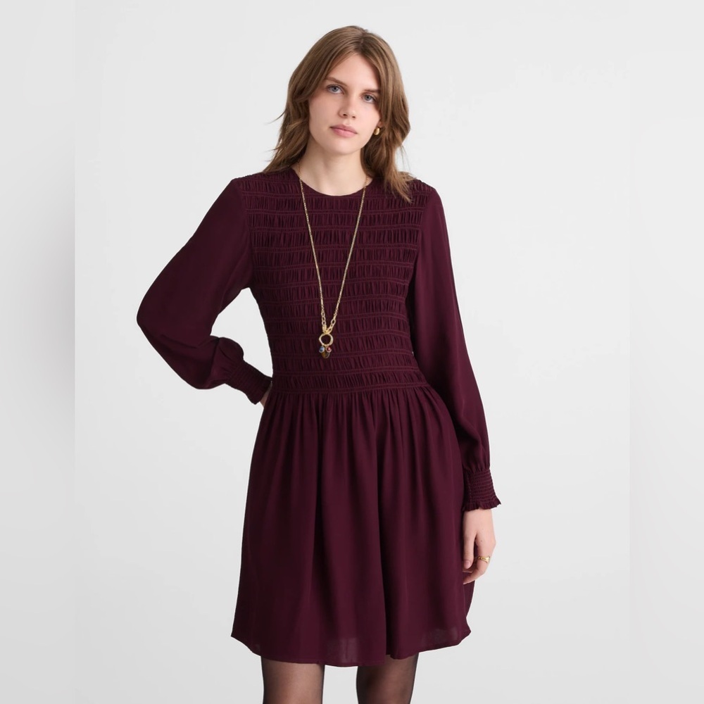 NWT Madewell Long-Sleeved Smocked Mini Dress Size XXS Dark Pomegranate - Picture 2 of 7